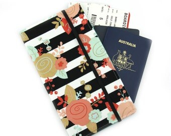 Travel Wallet, passport holder, family travel wallet, travel organizer, passport wallet, document holder - Black and White Stripe Floral