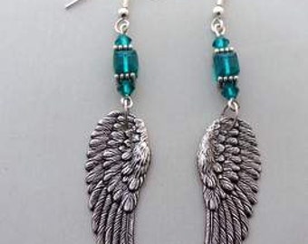 Angel Wings chandelier earrings teal aqua silver earrings