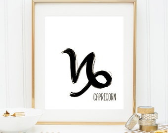 Capricorn Zodiac Sign, Astrological Print, Black and White Capricorn Symbol, Instant Download Printable Art, Zodiac Symbol