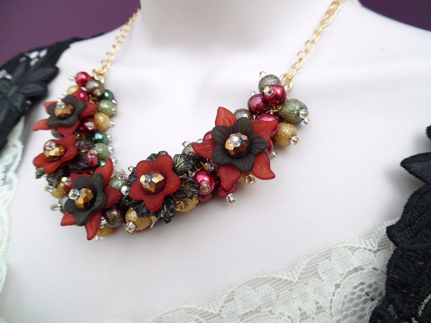 Fall Beaded Necklace Autumn Colour Floral Necklace Chunky
