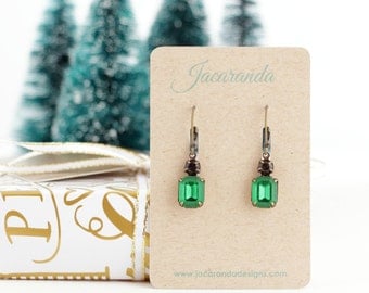 Emerald Green - Drop Earrings - Emerald Earrings - Rhinestone Earrings - Emerald Prom Earrings - Leverback Earrings - Small Green Earrings