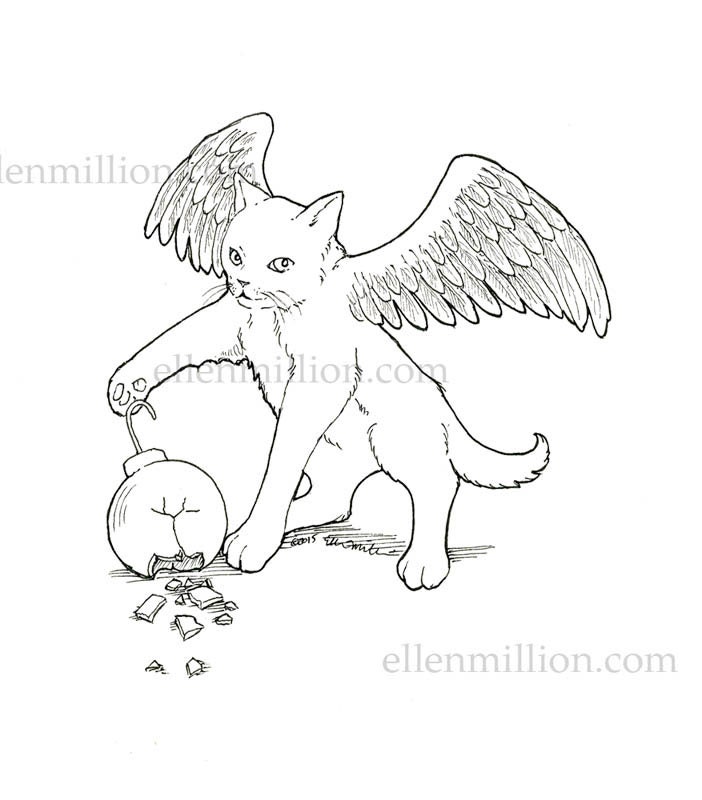 Winged Kitten  Digi Stamp Digital Coloring  Page  angel  cat  for