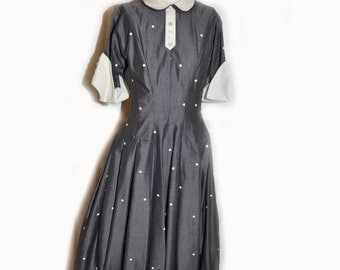 Vintage 1950’s Grey and White Polka Dot Lucy Style DayDress B32 W24