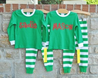 Christmas Green Stripe Pajamas -Christmas Personalized Pajamas -Christmas Monogram Pajamas - Christmas Pajamas - JULIANNE ORIGINALS