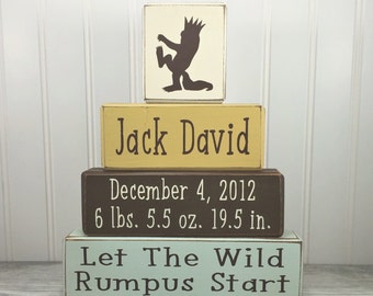 Where the wild things are baby birth announcement stacking wood blocks painted distressed finish Wild thing nursery baby shower centerpiece