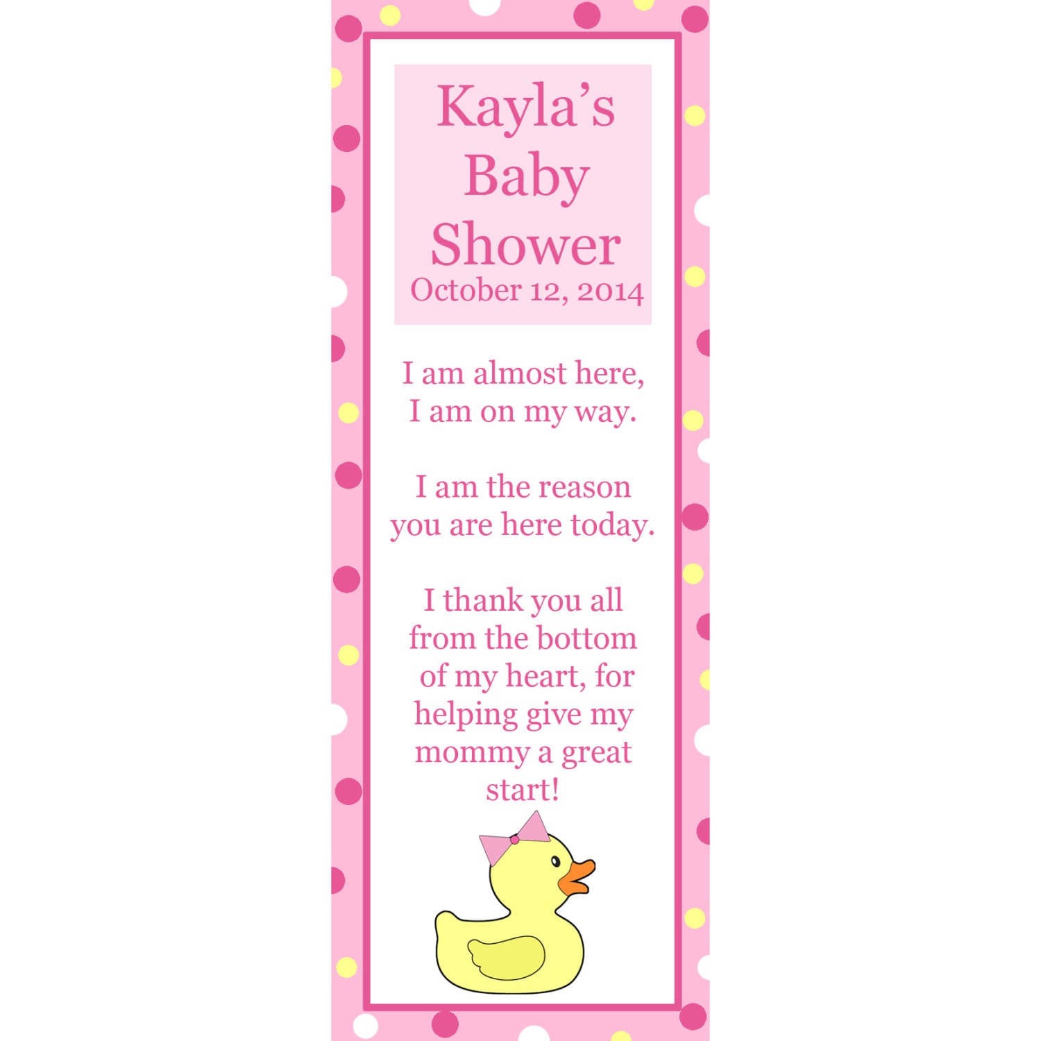30 Personalized Bookmarks for Baby Shower Pink Rubber Duck