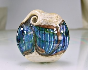 Handmade Glass Lampwork Focal Bead Antique Ivory Blue Green Goldstone SRA Lampwork