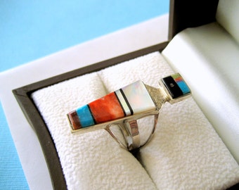 Navajo Harold Smith Sterling Inlay Ring Size 7