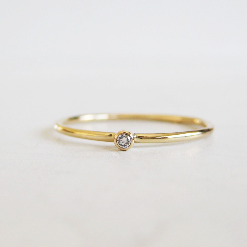 Tiny diamond ring very thin gold ring round stacking band