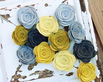 Wool Felt Flowers Set of 12 Large Posies in Yellow & Gray