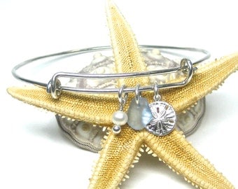 Cornflower Adjustable Sea Glass Bangle Bracelet | Beach Glass Bracelet | Adjustable Sterling Silver Bangle | Bangle Bracelet | Sand Dollar
