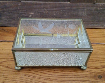 Vintage Brass Vitrine Glass Rectangle Display Case Jewelry Box With Etched Bird
