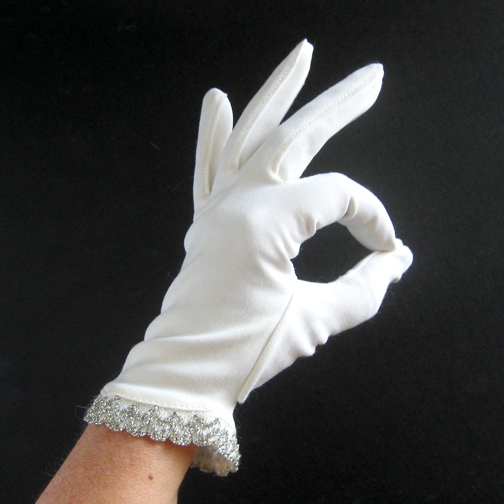 Vintage Gloves / White Evening Gloves with Metallic Silver