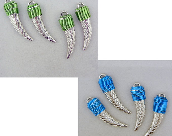 Set of 4 Silver-tone Textured Claw Charms Green or Blue Wire Choose Color