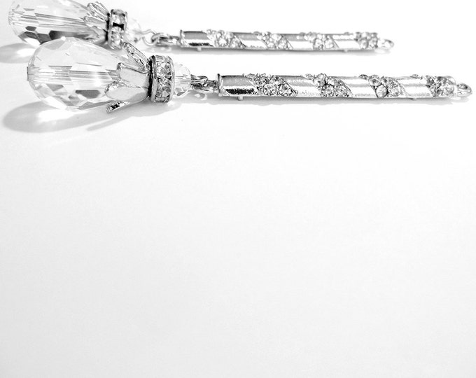 Long Silver-tone Rhinestone Bar Drop Charms