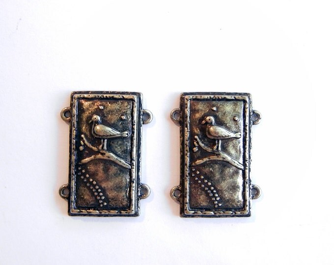 Pair of Bird on Branch Charms Double Link Burnished Gold-tone Rectanglular