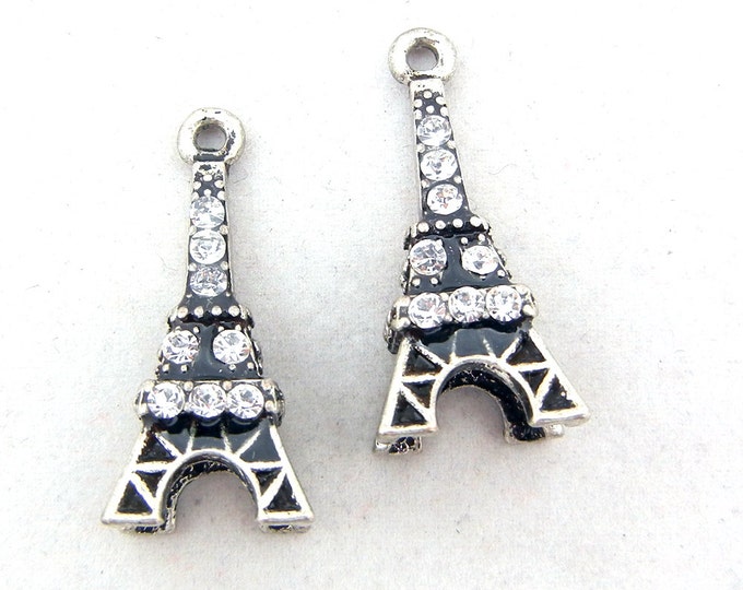 Pair of Antique Silver-tone Eiffel Tower Charms Topaz Rhinestones