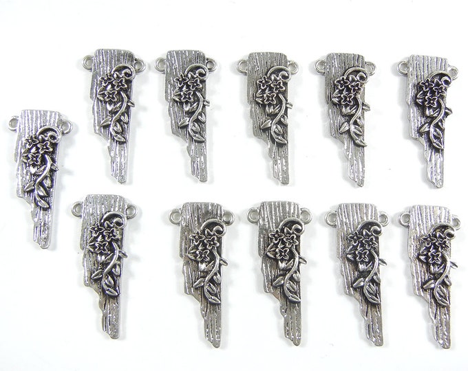 Set of 10 Long Floral Themed Double Link Charms Antique Silver-tone