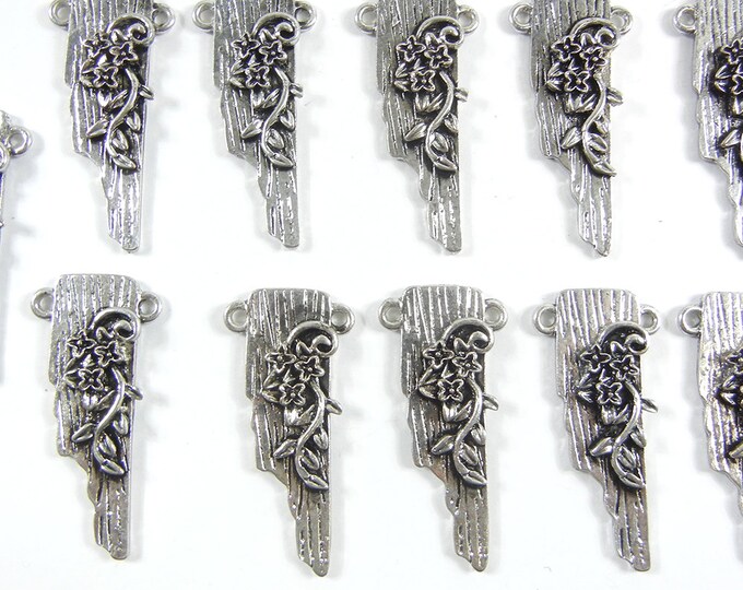 Set of 10 Long Floral Themed Double Link Charms Antique Silver-tone