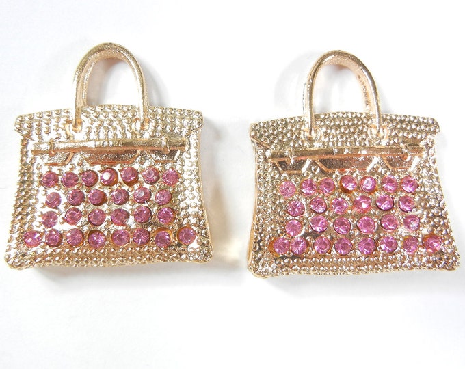 Pair of Hand Bag Charms Gold-tone Pink Rhinestone