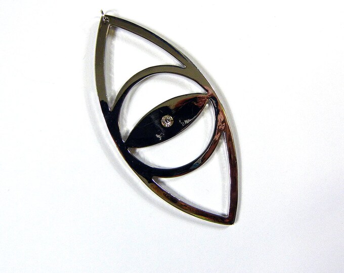 Large Oversized Vertical Cut-out Eye Pendant with Rhinestone Silver-tone
