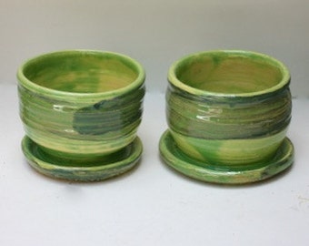 Pair of Stoneware Succulent Planters In Stoney Glazed with Two Greens For Small Houseplants