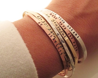 ONE Skinny Cuff Bracelet - Handstamped Bracelet - Mantra - Inspirational Jewelry - Stacking bracelets - Coordinates - Arrow Bracelet