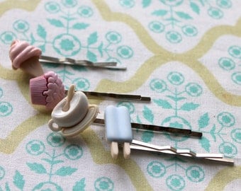 4 silver hair pins,popsicle,muffin,ice cream cone,coffee,ice cream cone bobby pins,muffin bobby pin,stocking stuffers,coffee bobby hair pins