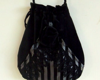 Black Velvet And Lace Pocket Boho Bag Taffeta Drawstring Bag Bohemian Bag Crossbody Purse