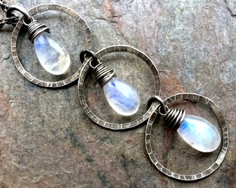 Sterling Silver Rainbow Moonstone Necklace - Three Moonstones in Sterling Silver Rings