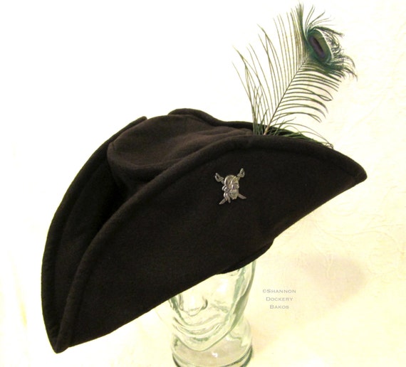 Pirate Hat Tricorn Black Felt with Peacock Feather and Pirate