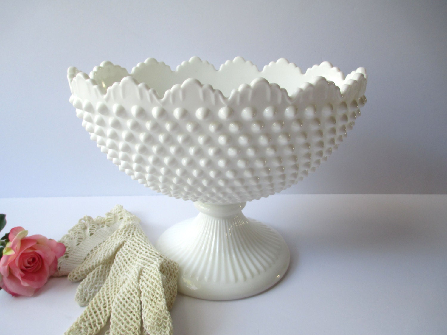 Vintage Fenton Milk Glass Hobnail Footed Oval Serving Bowl Haute Juice