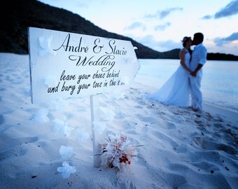 Leave your SHOES behind - Bury your TOES in the Sand - Beach Wedding Signs Decorations - 24x10 FREE Stake- Wedding Arrow Signs