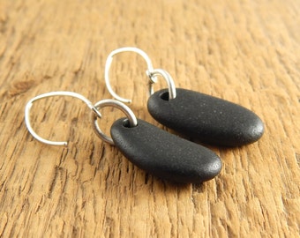 Beach stone earrings, 1.75 inches long black stone earrings, handmade sterling silver earwires, ready to ship.
