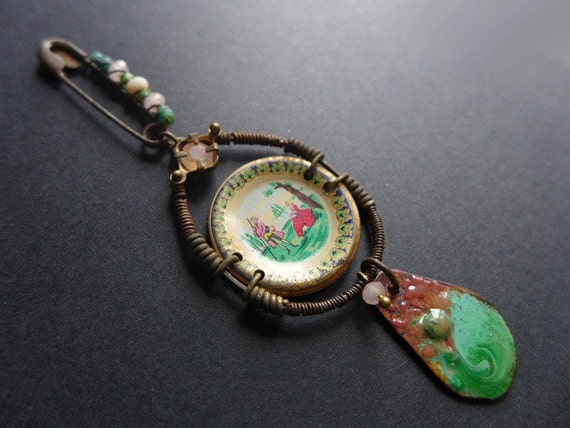 Habromania. Green and pink assemblage pendant or brooch.