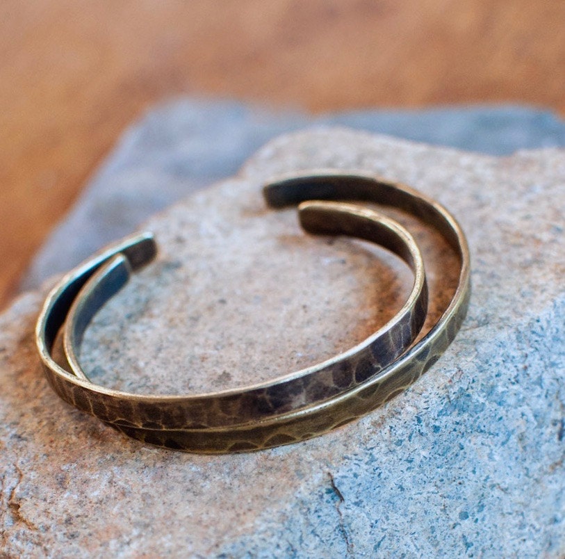 Mens Rustic and Tarnished Slender Brass Cuff Bracelet