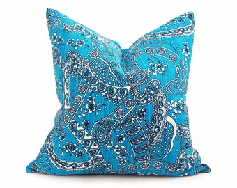 Vibrant Turquoise Pillow Covers, Bright Blue Throw Pillows, Blue White Pillow Cushions, Eclectic Paisley Pillow, Retro Dorm Decor, 20x20