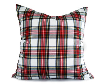 White Red Plaid Pillows, Christmas Pillow Cover, White Tartan Pillows, Dress Stewart Plaid Cushions, Lumbar 10x16, 16, 18, 20, 22, 26