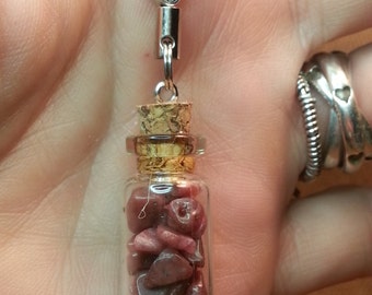 cell phone dust plug charms little glass bottle Rhodonite filled