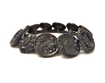 Victorian Button Bracelet, 1800s Picture Buttons, Beaded Button Charm Bracelet, 1880s French Jet Bracelet, Black Jet Button Bead Bracelet