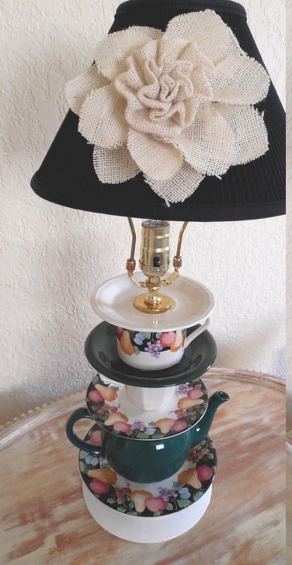 Vintage Teacup and Teapot Stacked Lamp Accent by CarolSchiffStudio