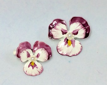 Vintage Hand Painted Enamel Purple Pansy Pin Brooch Set of 2
