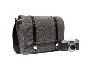 Camera + tablet messenger bag - gray herringbone