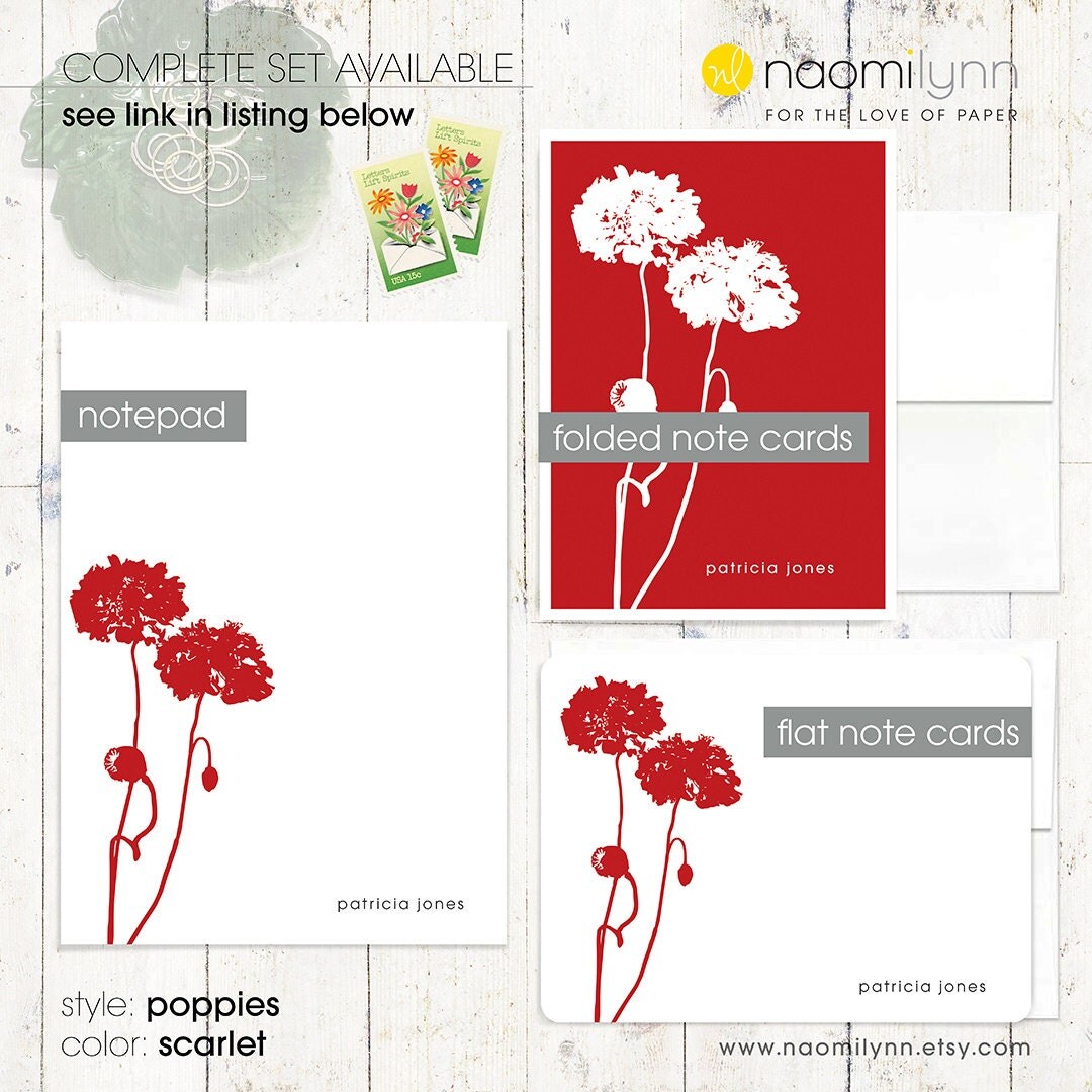 personalized stationery set note cards POPPIES set by naomilynn