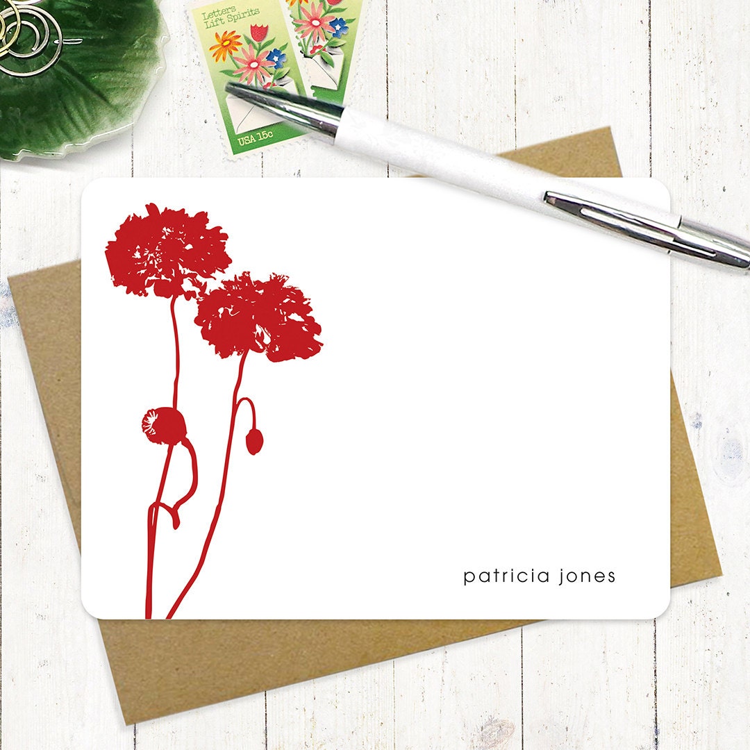 personalized flat note cards stationery set - POPPIES - set of 12 - personalized stationary - choose color