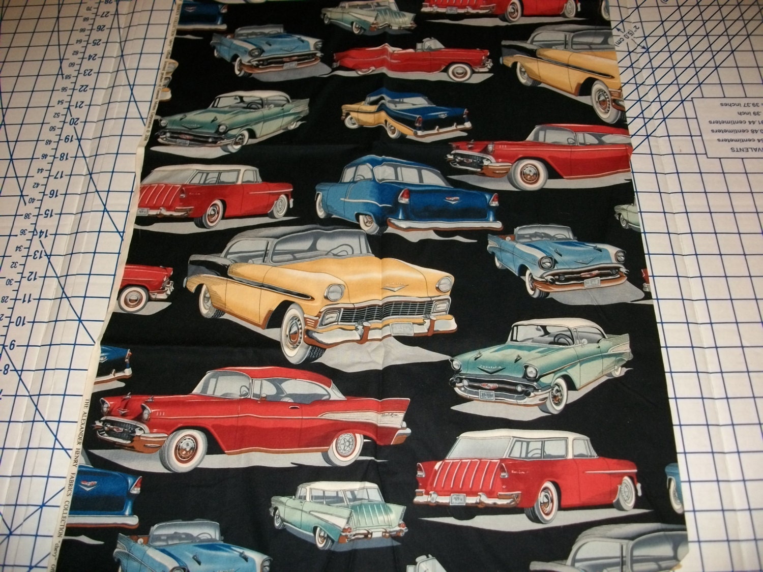 Retro vintage Chevy car novelty cotton fabric 35 inches Retro vintage Chevy car novelty cotton fabric 35 inches