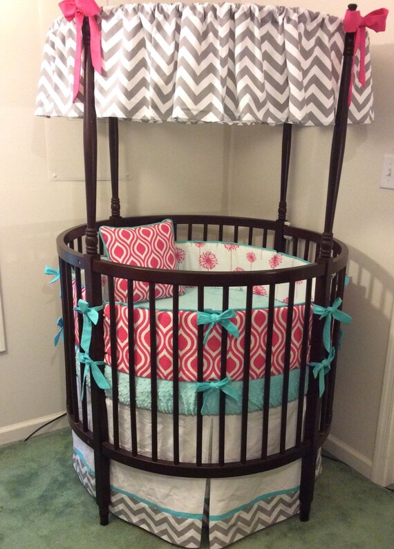 Round Crib Bedding Set in Gray Aqua and Pink