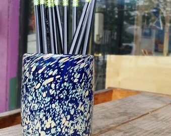 Dark Blue Pen Cup with Tan Spotting, Blown Glass Decorative Pencil Holder, 4" Tall Desk Accessory, By Avalon Glassworks