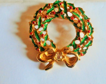 Vintage Holy Christmas Wreath Ribbon Brooch. Holy Berry Pin, Signed