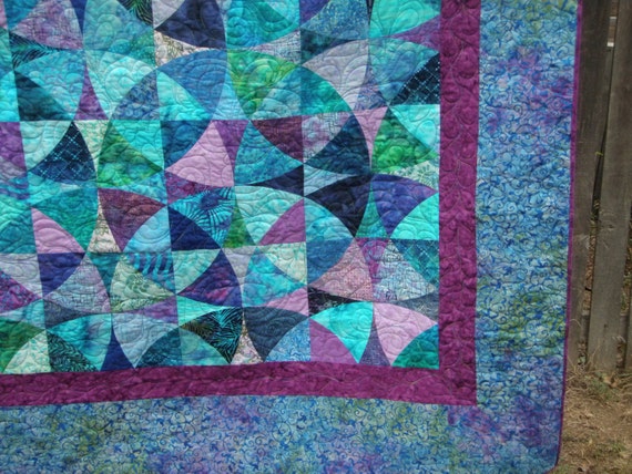 Queen Quilt Handmade Wheel of Mystery blue green purple